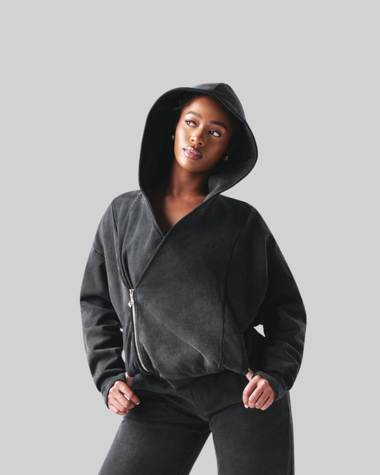 UNISEX ASYMMETRICAL ACID WASH ZIP UP JACKET (BLACK)