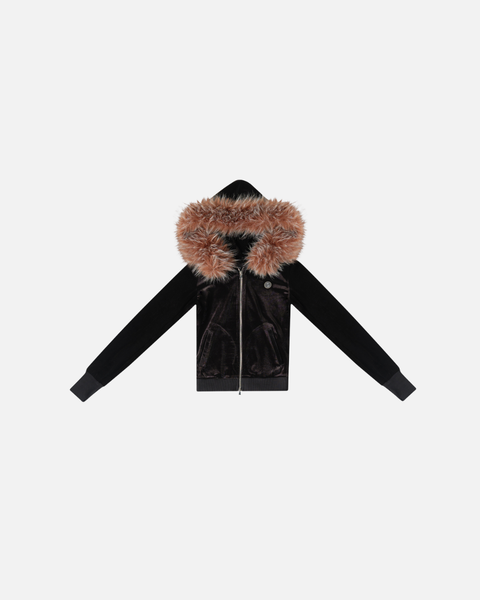 VELOUR PLUSH TRACKSUIT JACKET WITH FUR (BLACK)