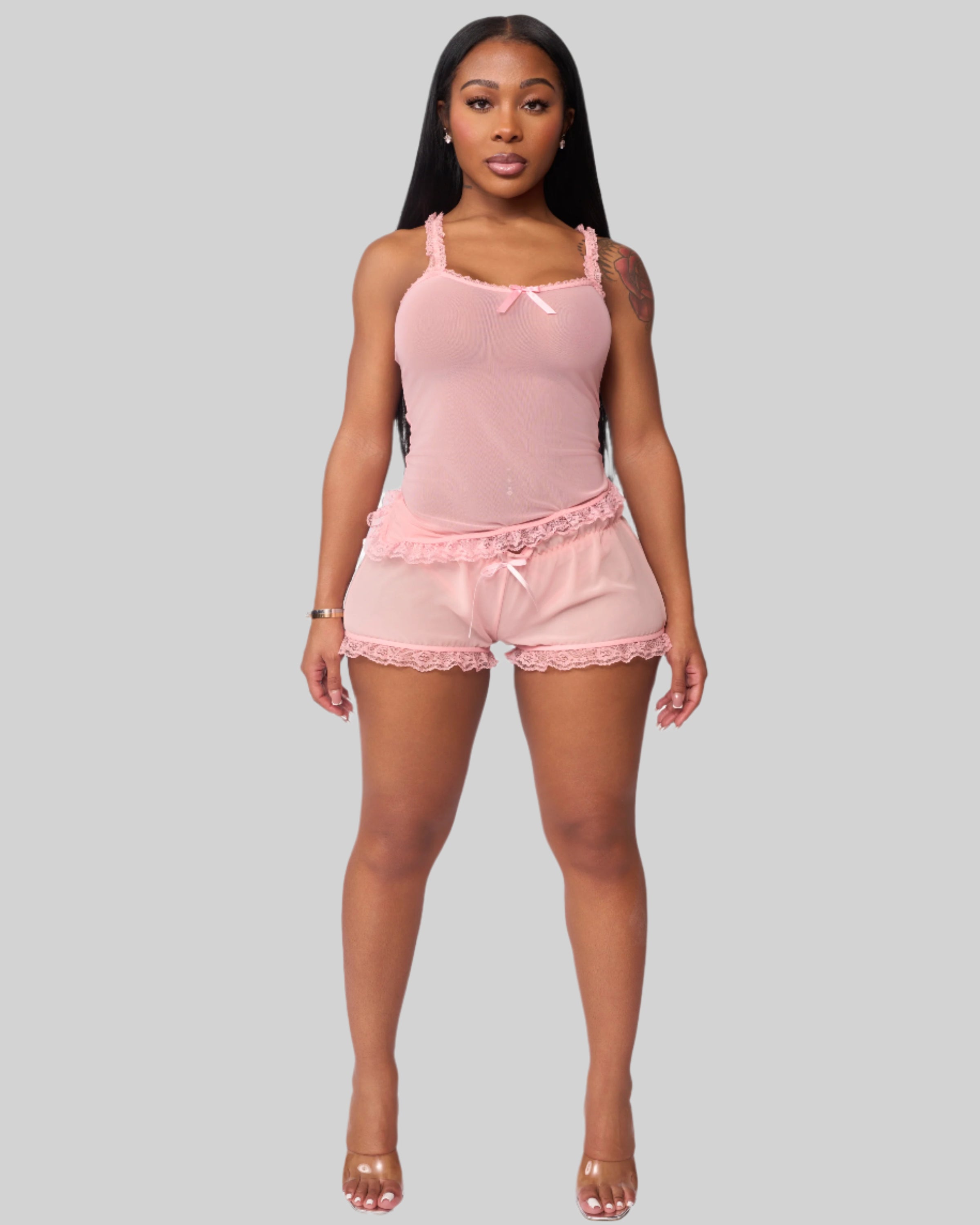 LOVE ME NOT SCALLOPED MESH SHORTS (BABY PINK)