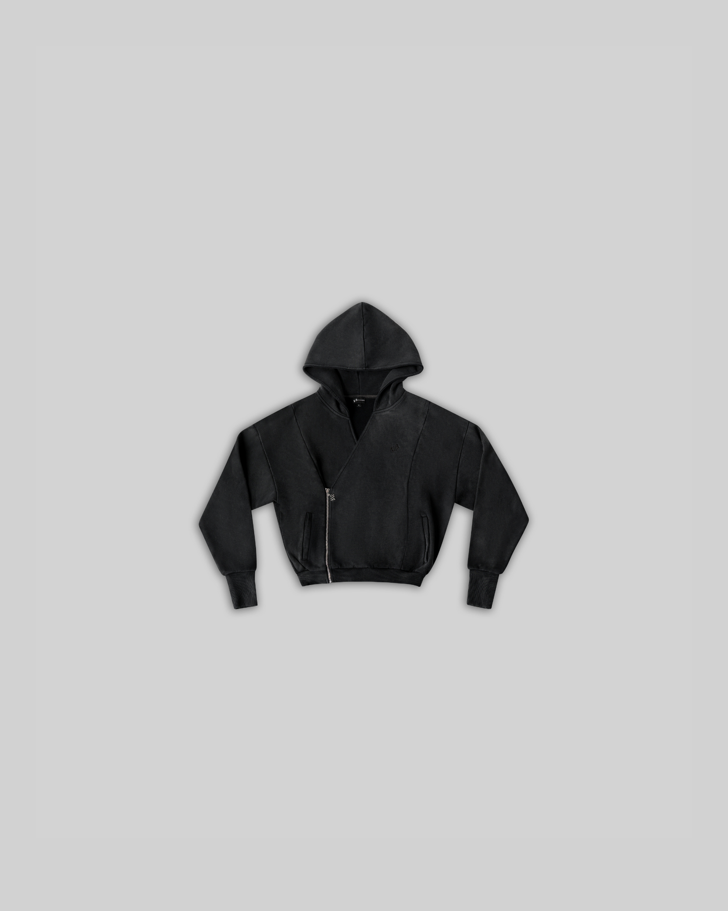 UNISEX ASYMMETRICAL ACID WASH ZIP UP JACKET - BLACK [FINAL SALE]